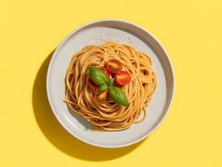 Overhead shot of spaghetti with tomato and basil on yellow background