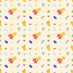 Seamless pattern with hand drawn doodle child stationery. Cute kids back to school background. Vector illustration