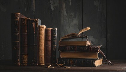 Stacked Antique Books And Quill Pen On Wooden Surface With Rustic Dark Background