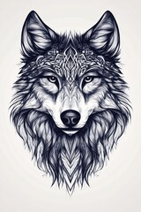 Naklejka premium Detailed wolf portrait with artistic linework and tribal ornament creating strong wild animal spirit