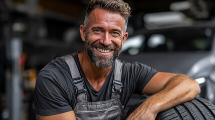 Portrait of happy mechanic smiling at camera while leaning on tire in garage