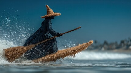 Bruja de negro, con sombrero puntiagudo y tablas de surf de paja surcando unas olas en la playa, tonos beige arena, azules, negros, Halloween en verano