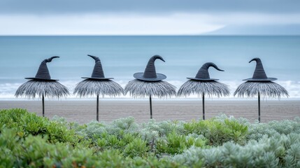 Grupo de 5 sombrillas de playa en forma de pelucas y sombreros de bruja frente al mar, a la orilla de la playa, con vegetación verde de primer plano, Halloween verano
