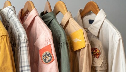 Assortment of Shirts with Patches Hanging on Wooden Hangers