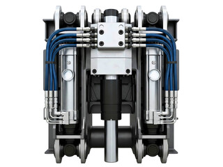 Complex industrial hydraulic actuator with multiple blue hoses on a transparent background