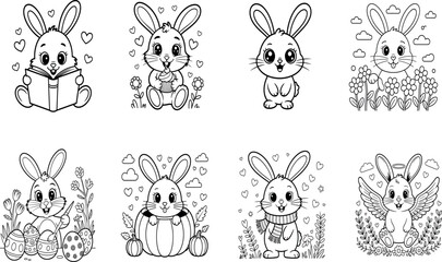 Obraz premium Black and White Cartoon Rabbit Illustrations – Whimsical Animal Scenes for Kids and Storybooks
