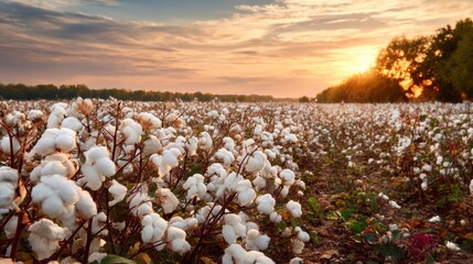 Beautiful cotton field at sunset showcasing bright white plants under a colorful sky with vibrant hues of orange, pink, and blue reflecting on the horizon