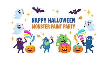 Halloween Monster Paint Party: A whimsical illustration inviting all to a fun Halloween celebration filled with cute monster and spirited decorations.
