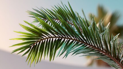 Close-up shot of a palm tree leaf against a soft background, perfect for tropical or beach-themed designs.