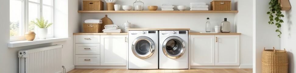 Bright white laundry room, wood shelves, wicker baskets, cozy, efficient