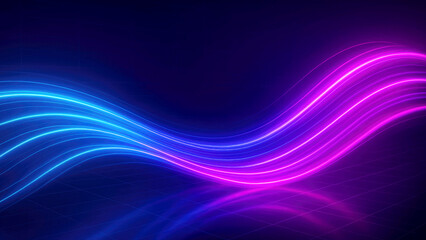 Abstract wavy neon light streaks in blue and pink over a dark grid background 