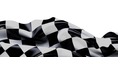 A dynamic shot of a waving checkered flag isolated on a white background, representing race, speed, success, and victory.