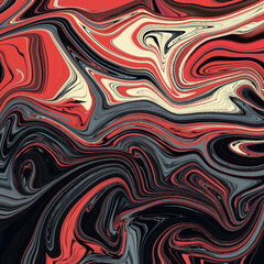 Bold abstract marbled swirl of red, black, and cream tones flowing in dynamic movement. Abstract, swirl, marble, red, texture.