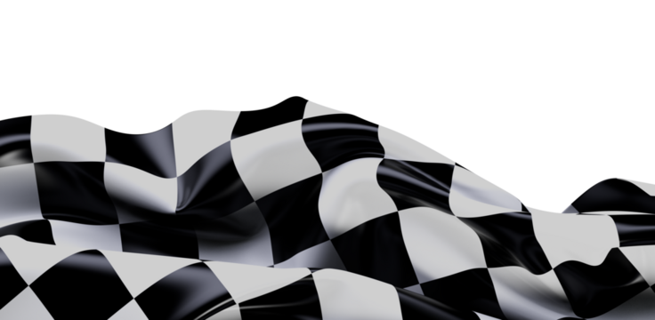 A dynamic shot of a waving checkered flag isolated on a white background, representing race, speed, success, and victory.