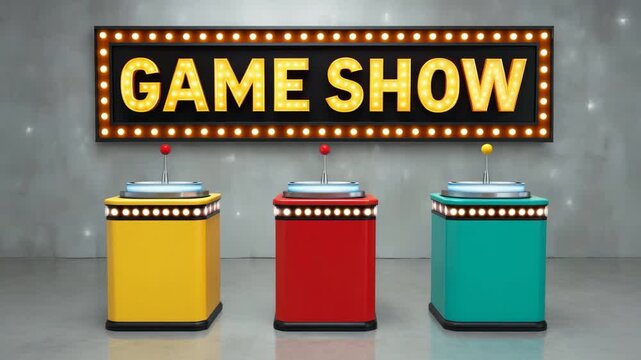Game show stage with colorful buzzers lights entertainment video showing tv production