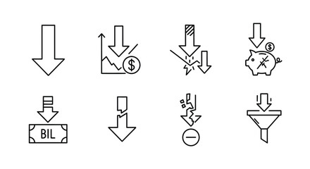 Hand drawn downward trend icons financial decrease symbols representing loss economy business decline vector