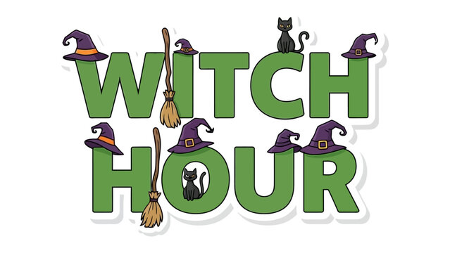 Spooky Witch Hour Design: A whimsical illustration that captures the magic of the witching hour with festive Halloween elements, perfect for seasonal events and decorations.