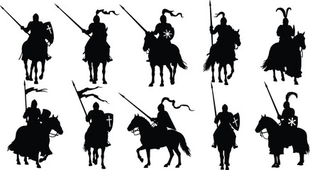 Obraz premium Medieval knights riding horses with lances and shields in heroic battle poses, black silhouette vector illustration for historical war art