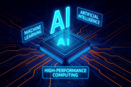 AI and Artificial Intelligence concept with glowing chip and circuit board machine learning high-performance computing