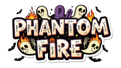 Phantom Fire: A spooky Halloween-themed design. With ghostly figures, burning flames, and playful skulls. Evokes the spirit of the holiday. 
