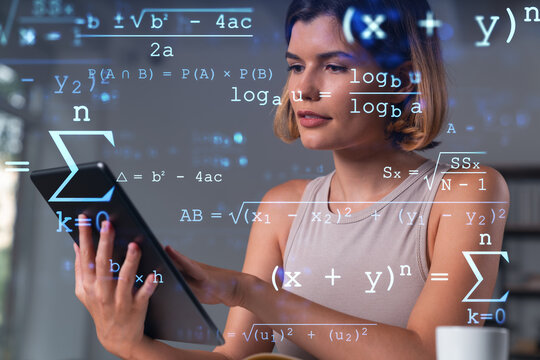 Woman using tablet with floating mathematical formulas illustrating scientific learning and problem-solving concept in modern digital environment. - Powered by Adobe