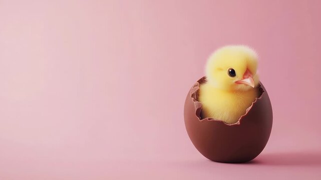 Cute yellow chick hatching from chocolate egg on pastel pink background symbol of Easter holiday joy