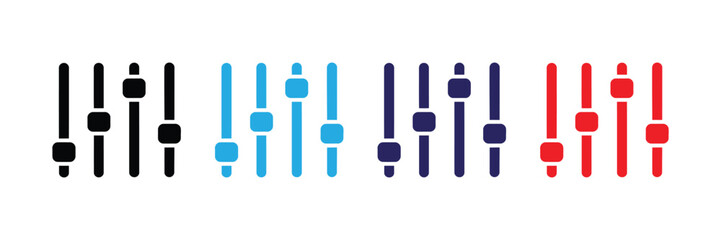 Set of four different color sliders, black, blue, dark blue, and red, isolated on transparent background