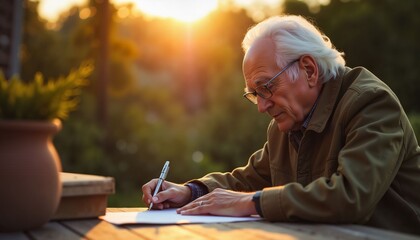 An elderly man writes on paper outdoors at sunset. 