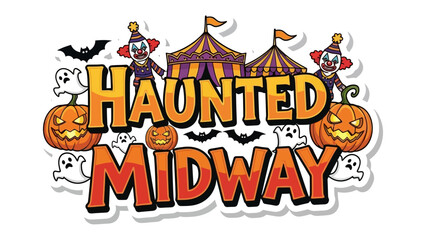 Haunted Midway: A vibrant carnival scene with a spooky twist, featuring grinning jack-o'-lanterns, mischievous ghosts, and playful bats against a backdrop of colorful tents.