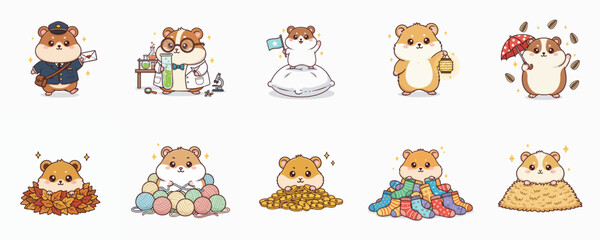 Illustration of a group of hamster characters in various activities and settings