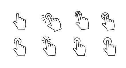 Collection of hand cursor icons showing click and touch interactions on vector