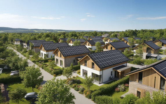 Solar panels on house rooftop.
Suburban eco-friendly neighborhood, clear sunny day, realistic photo Title: Rooftop Solar Panels in Residential Area