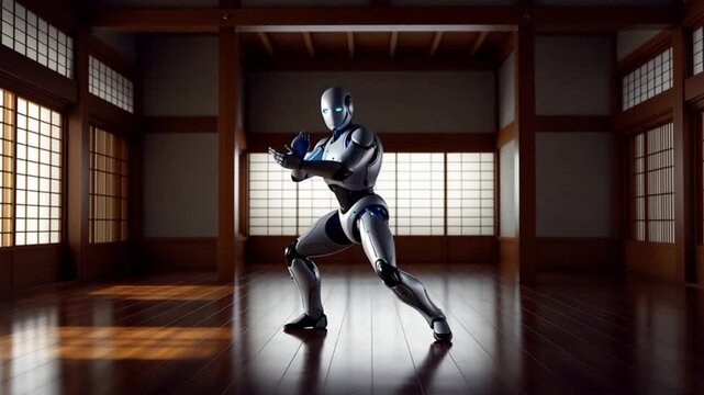 Advanced android performing a martial arts sequence inside a serene, traditional dojo. The robot showcases fluid fighting movements and agility
