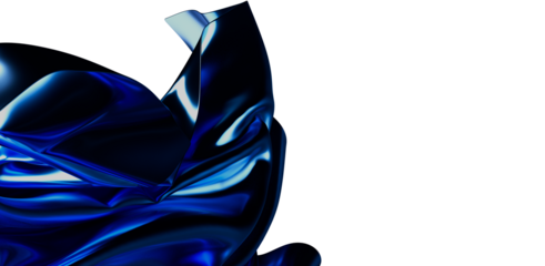 Dynamic abstract image of flowing blue silk fabric isolated on white, perfect for backgrounds and artistic designs. Evokes elegance and movement