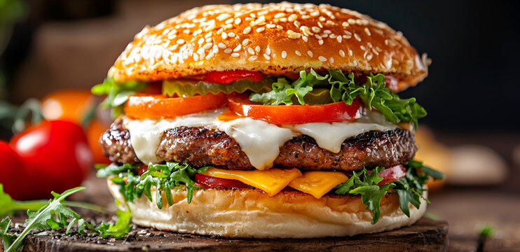 Mouthwatering cheeseburger with fresh toppings ready to eat