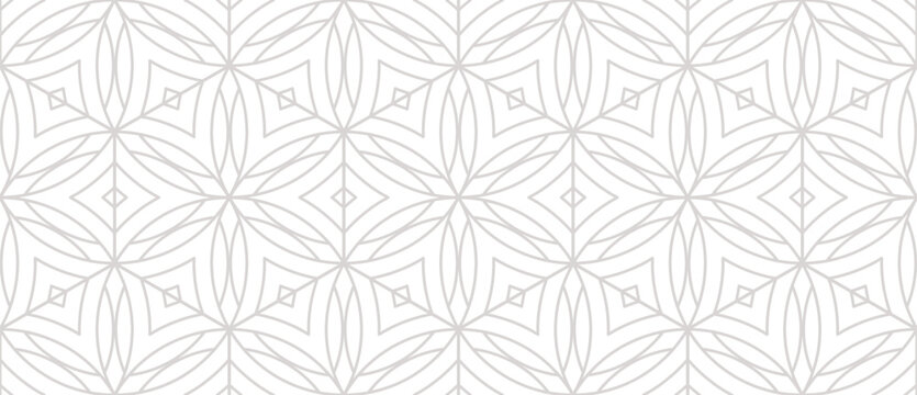 Subtle vector linear geometric seamless pattern with floral silhouettes, leaves, hexagonal grid, thin lines. Grey and white abstract texture. Oriental geometric background. Repeated minimal geo design