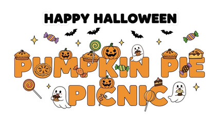 Halloween Pumpkin Pie Picnic: A festive arrangement captures the essence of Halloween with Pumpkin Pie Picnic text, complete with bats, candy, and whimsical ghosts, radiating joy and delight.