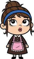 Cute cartoon maid girl in brown dress with pink apron and blue headband, adorable character design, vector illustration
