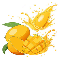 Fresh Ripe Mango Splash Illustration with Juice and Cubes