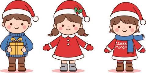Cute children wearing Santa hats, Christmas holiday celebration illustration, kids in festive outfits, holding gift box, winter season joy concept, cartoon art