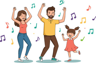 Happy family dancing together, joyful parents and child enjoying music, fun cartoon illustration of family time and celebration with colorful notes