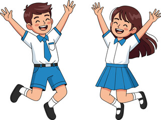 Happy school children jumping with excitement, joyful students in uniform celebrating success, education, childhood happiness, and learning illustration