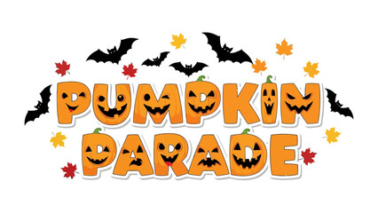 Pumpkin Parade: A vibrant title image showcasing a festive autumn parade with grinning pumpkins and bats, all set against a lively backdrop of falling leaves.