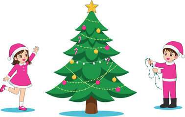 Kids decorating Christmas tree with ornaments and lights, festive holiday celebration illustration, joyful children, winter season, Christmas background