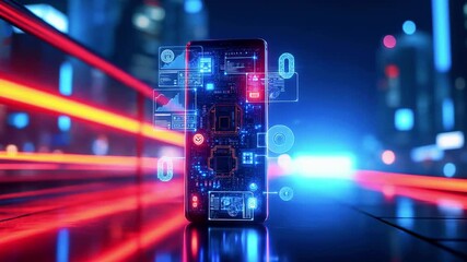 A smartphone displays digital circuit details with data overlay, set against a neon cityscape at night - Powered by Adobe