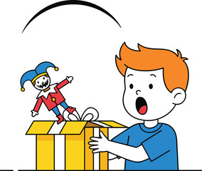 Surprised boy opening gift box with jack in the box toy, cartoon illustration showing fun, surprise, and playful childhood moment