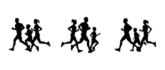 Vector illustration depicting silhouettes of a family jogging in different formations. The image showcases an active and healthy lifestyle, promoting fitness and togetherness.
