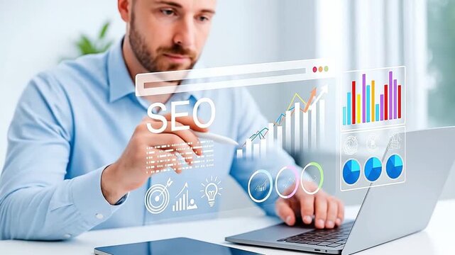 Focused professional managing SEO and digital marketing strategy with interactive virtual data analytics interface, optimizing online presence and ...
