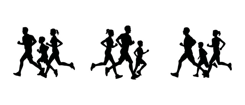 Vector illustration depicting silhouettes of a family jogging in different formations. The image showcases an active and healthy lifestyle, promoting fitness and togetherness.
