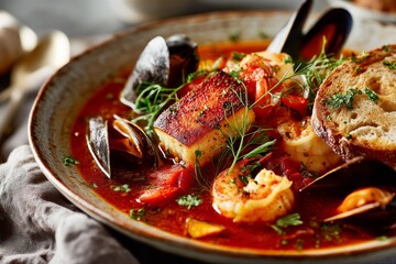Highly detailed close-up photography of a tasty bouillabaisse on a rustic plate isolated in white ceramic background